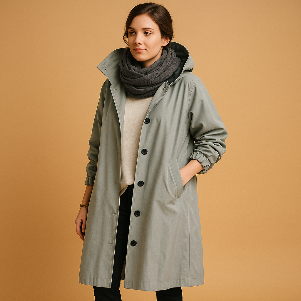 Chaqueta Larga Casual con Capucha y Botonadura Frontal para Mujer