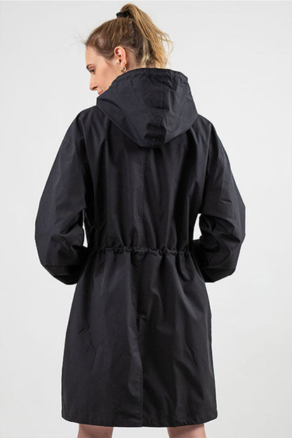 Chaqueta Larga Casual para Mujer con Capucha y Botonadura Frontal