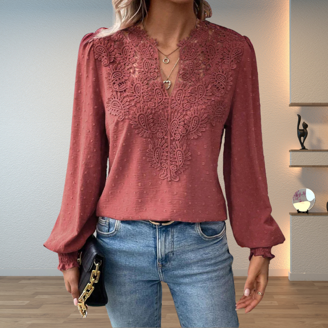 Blusa Elegante de Manga Larga con Escote en V y Aplicaciones Florales