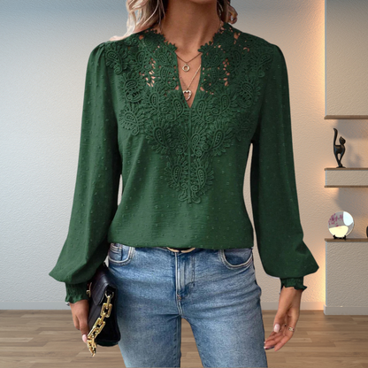 Blusa Elegante de Manga Larga con Escote en V y Aplicaciones Florales