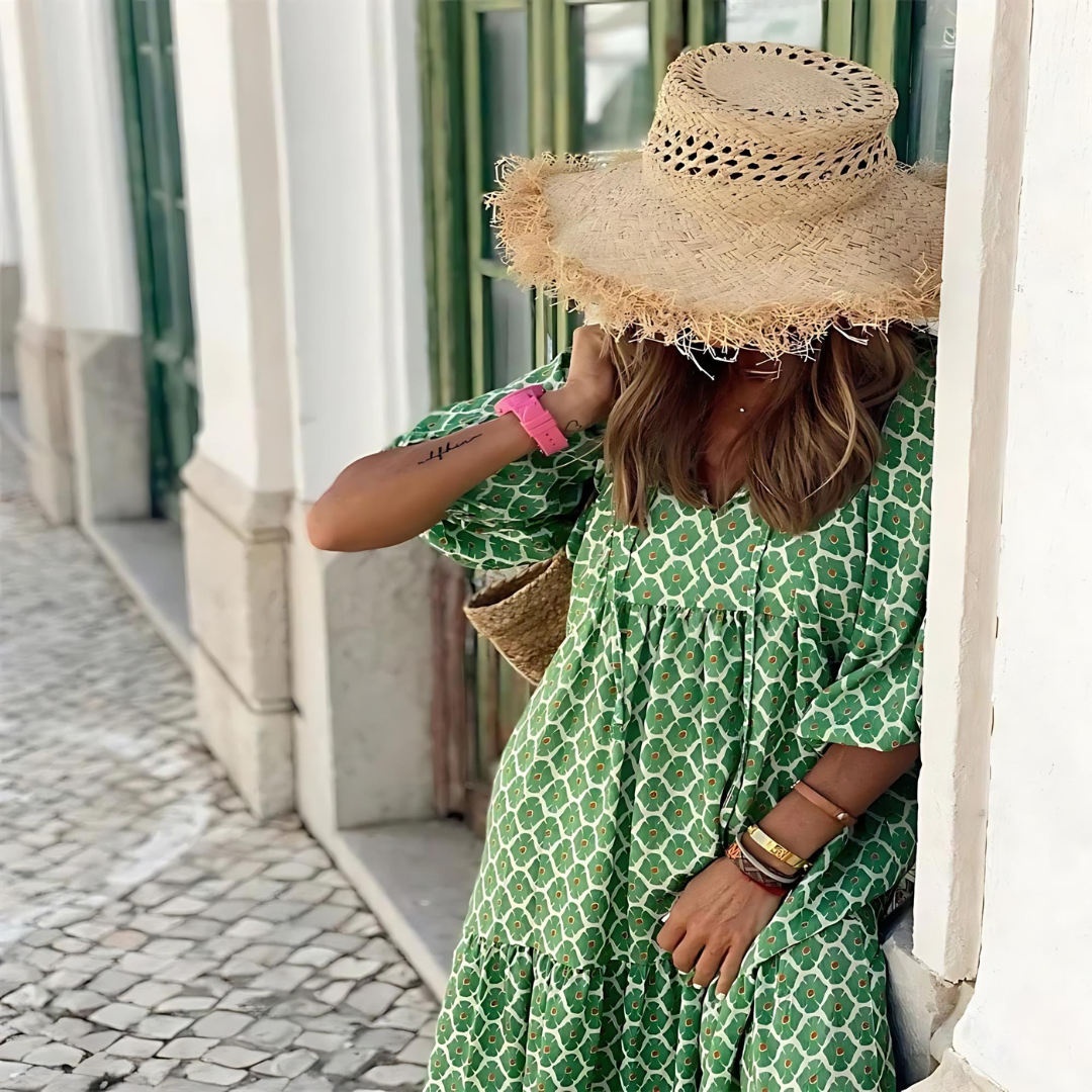 Vestido Largo Estampado con Escote en V y Caída Ligera