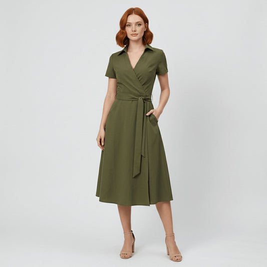 Vestido midi acampanado estilo cruzado con escote en V y lazo ajustable