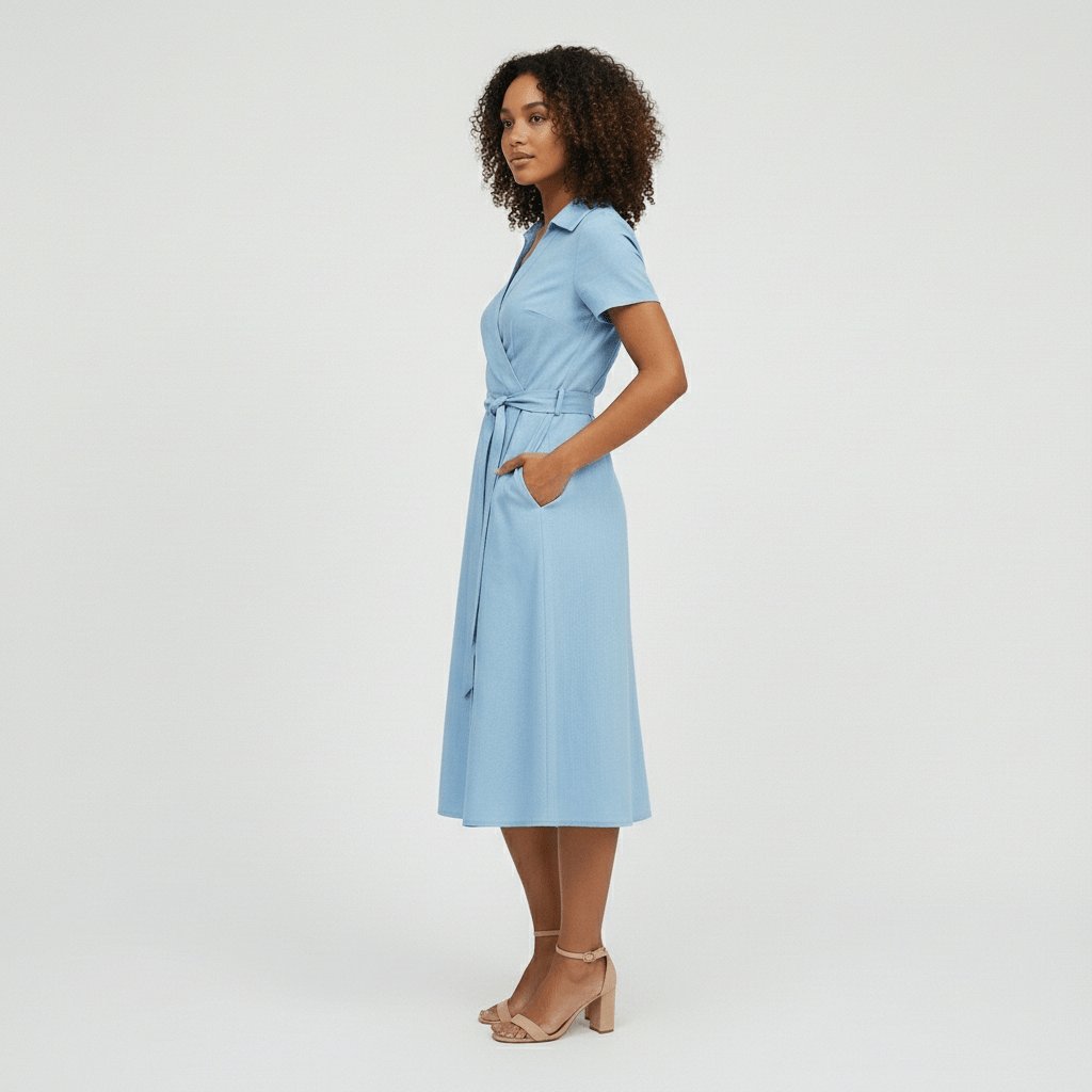 Vestido midi acampanado estilo cruzado con escote en V y lazo ajustable
