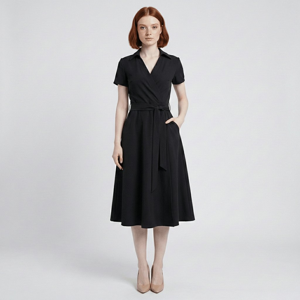 Vestido midi acampanado estilo cruzado con escote en V y lazo ajustable