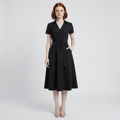 Vestido midi acampanado estilo cruzado con escote en V y lazo ajustable
