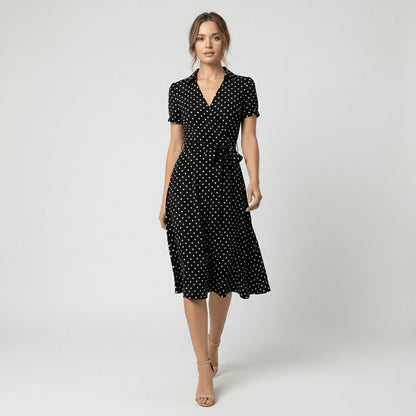 Vestido midi acampanado estilo cruzado con escote en V y lazo ajustable