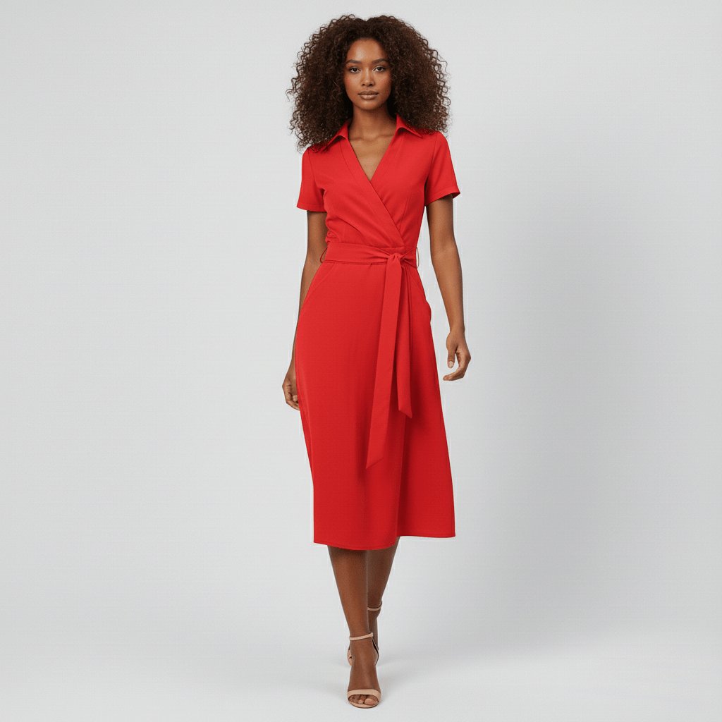Vestido midi acampanado estilo cruzado con escote en V y lazo ajustable