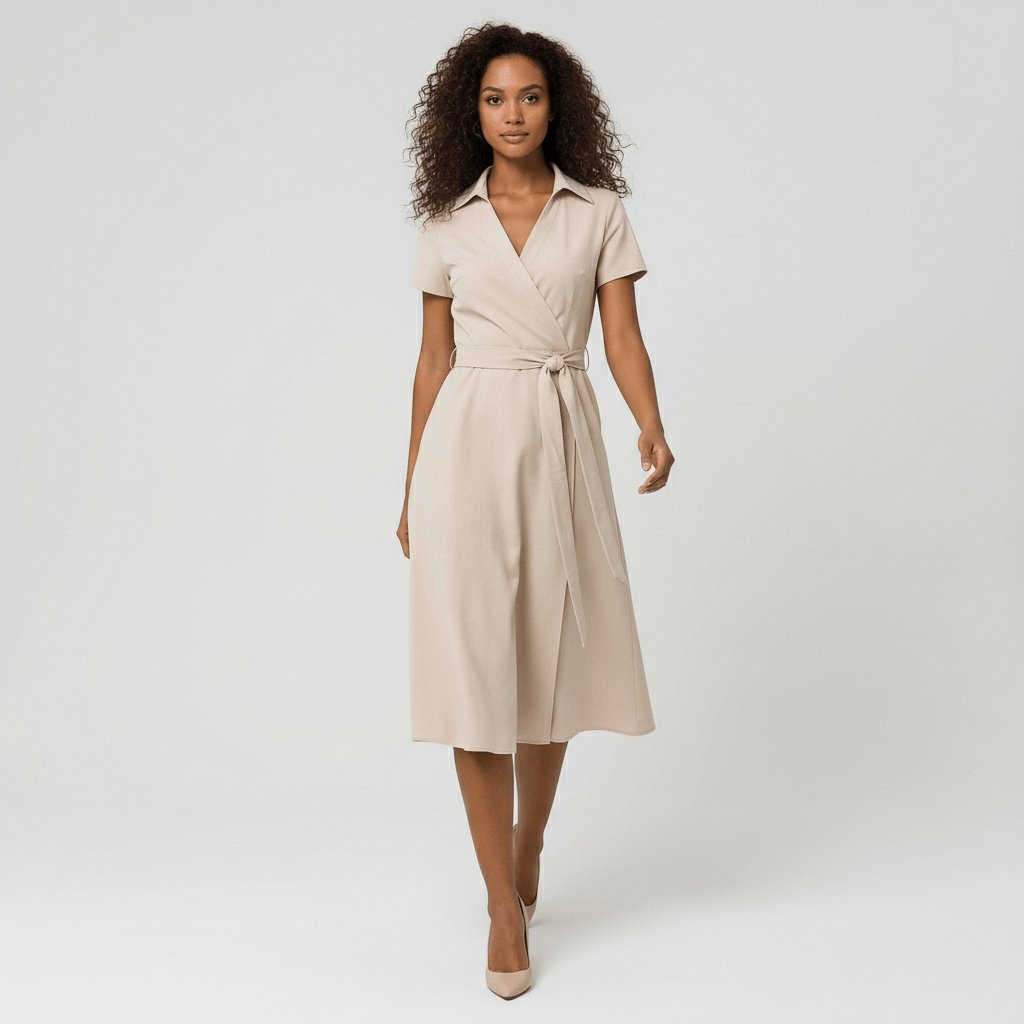 Vestido midi acampanado estilo cruzado con escote en V y lazo ajustable