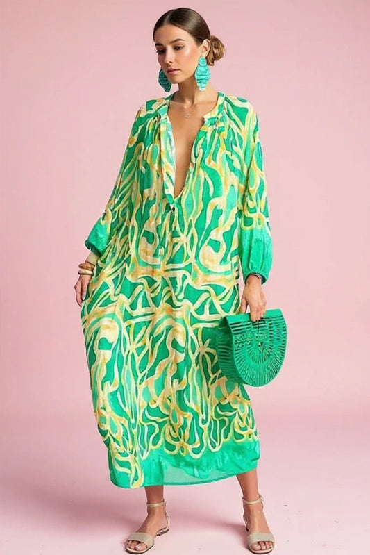 Vestido largo holgado tipo caftán con escote en V y estampado abstracto para mujer