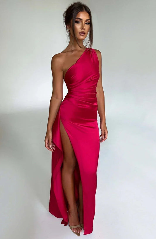 Vestido Maxi de Noche con Escote a un Hombro y Abertura Lateral