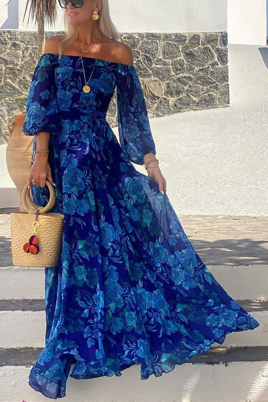 Vestido Maxi Elegante con Hombros Descubiertos y Estampado Floral