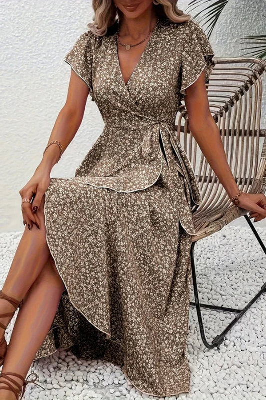 Vestido Midi Estilo Envolvente con Estampado Floral y Dobladillo Asimétrico