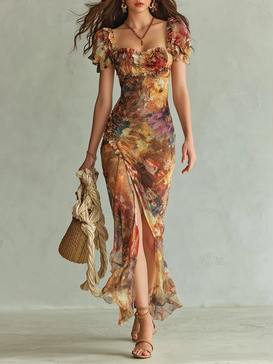 Vestido Largo Estampado de Flores en Gasa con Escote Tipo Corazón