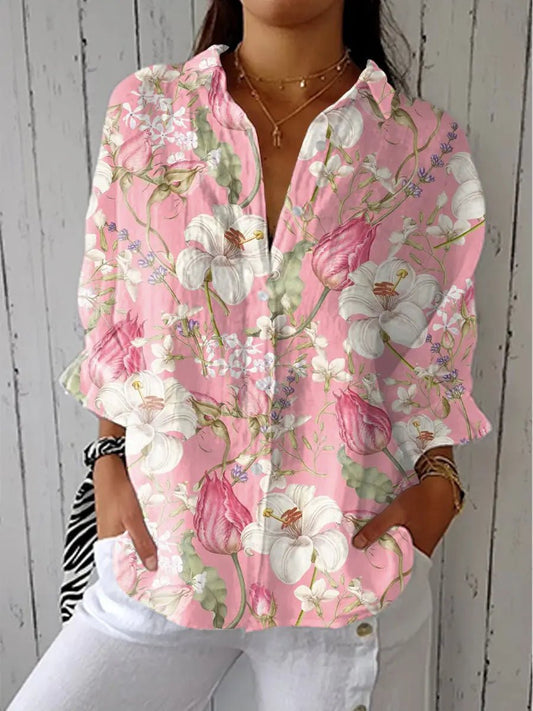 Camisa fluida con escote en V y diseño floral para mujer