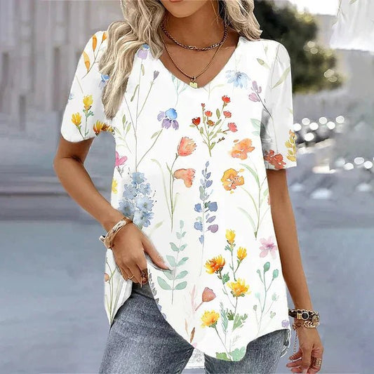 Blusa fresca de manga corta con escote en V y motivos florales