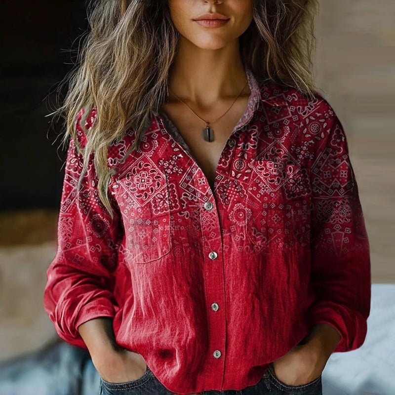 Camisa Casual Manga Larga con Estampado Paisley y Botonadura para Mujer