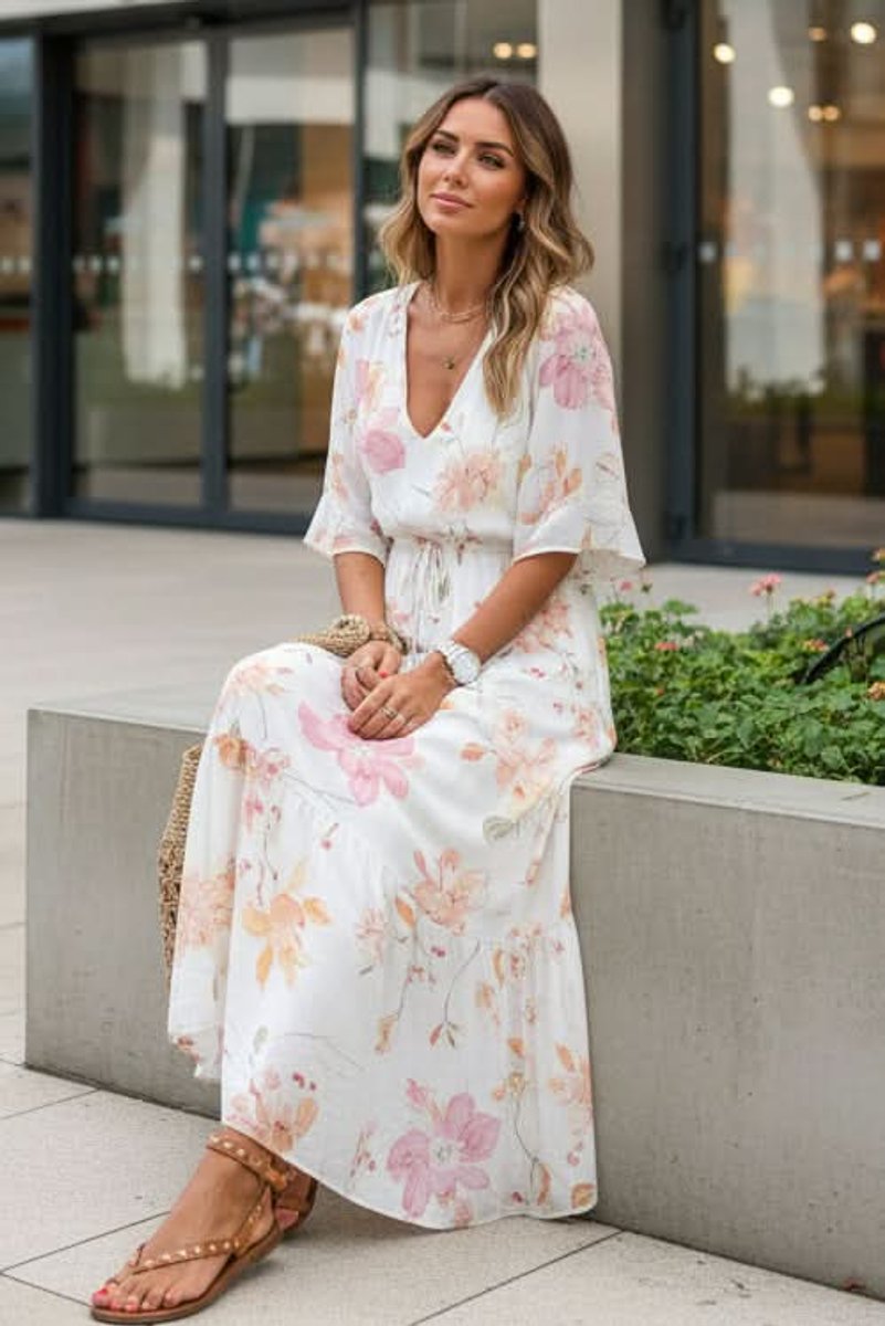 Vestido Maxi Estilo Boho con Diseño Floral y Escote en V con Pretina Regulable