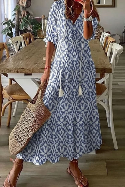 Vestido Maxi Estilo Boho con Diseño Floral y Escote en V con Pretina Regulable