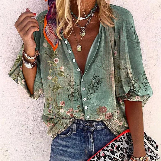 Blusa Fluida Estilo Boho con Estampado Floral y Escote V