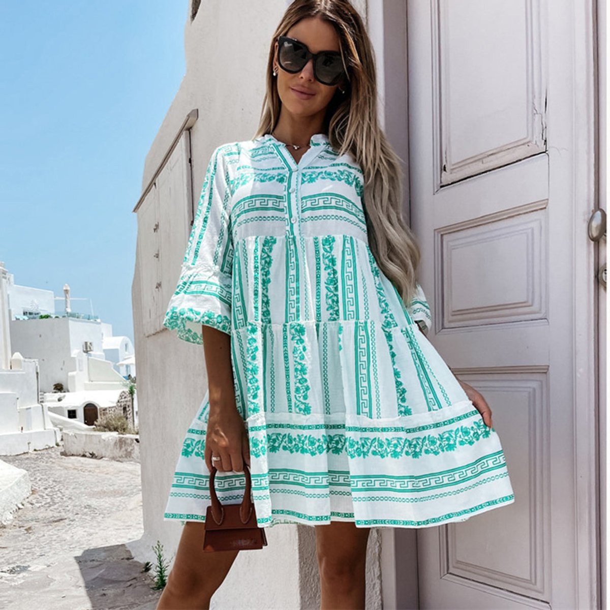 Vestido túnica de corte relajado en capas con estampado boho para mujer