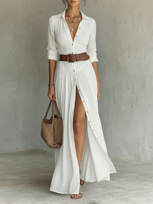 Vestido camisero largo de estilo bohemio con cinturón anudable