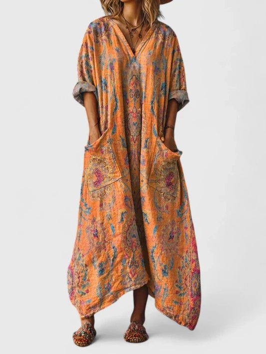 Vestido Largo Holgado Estilo Boho en Algodón con Motivo Paisley y Bolsillos Frontales