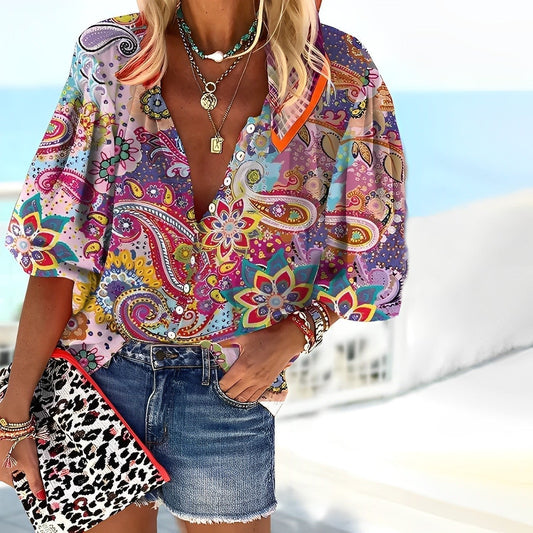 Camisa Holgada con Estampado Paisley y Escote en V para Mujer