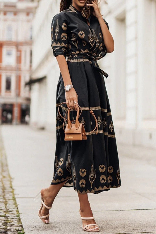 Vestido Midi Estampado de Estilo Boho con Cinta Ajustable