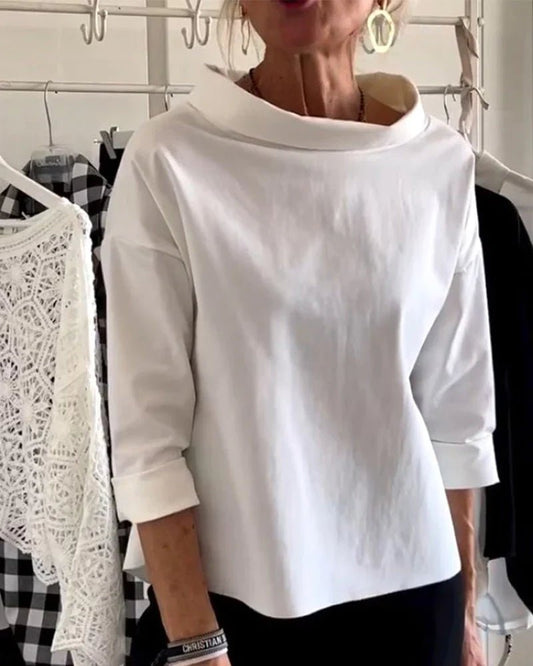 Blusa casual holgada con escote barco y mangas 3/4 para mujer
