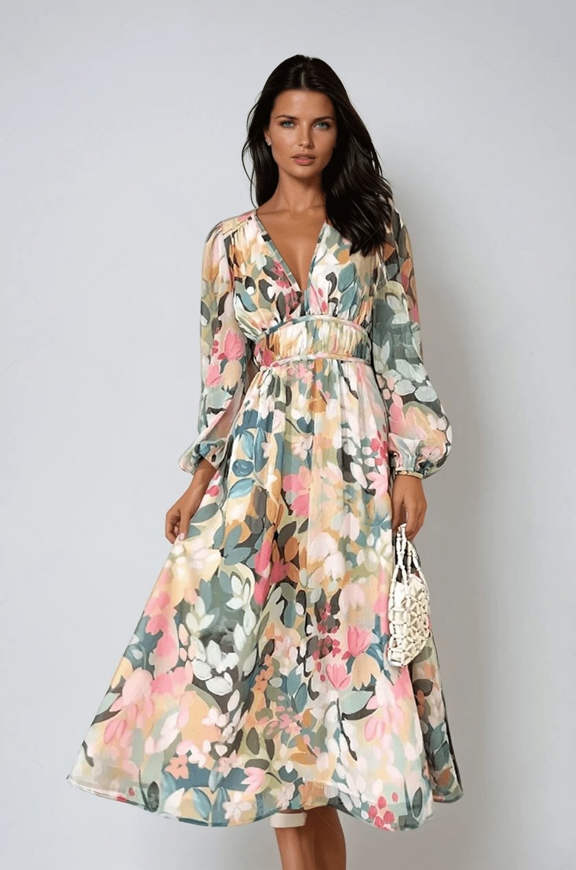 Vestido Midi de Gasa Estampada con Escote V y Mangas Abombadas