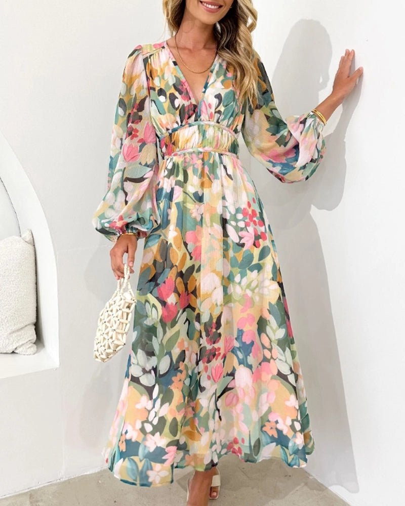 Vestido Midi de Gasa Estampada con Escote V y Mangas Abombadas