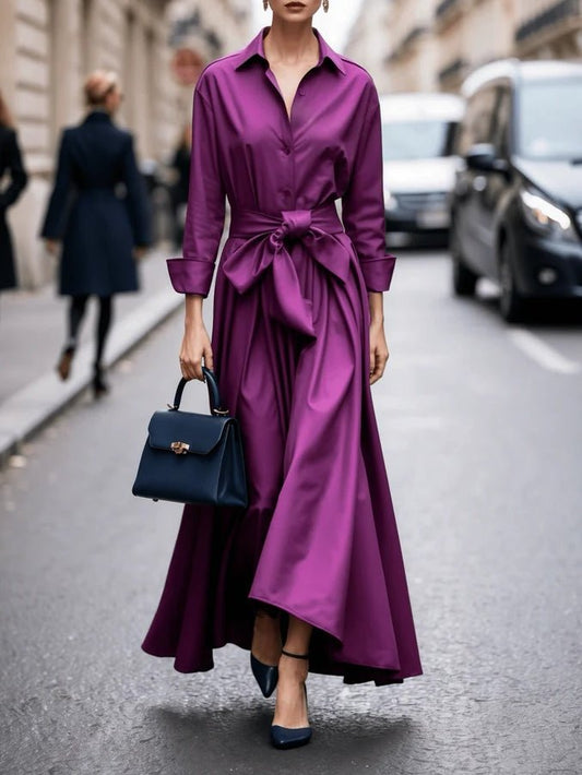 Vestido Maxi Estilo Camisero de Manga Larga con Cinto Anudable