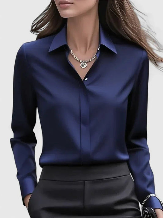 Camisa de Satén de Manga Larga con Tapeta Oculta para Mujer