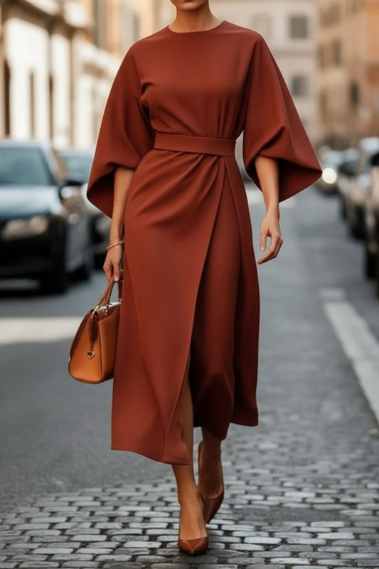 Vestido Elegante de Fiesta Largo Midi con Mangas Linterna y Pretina