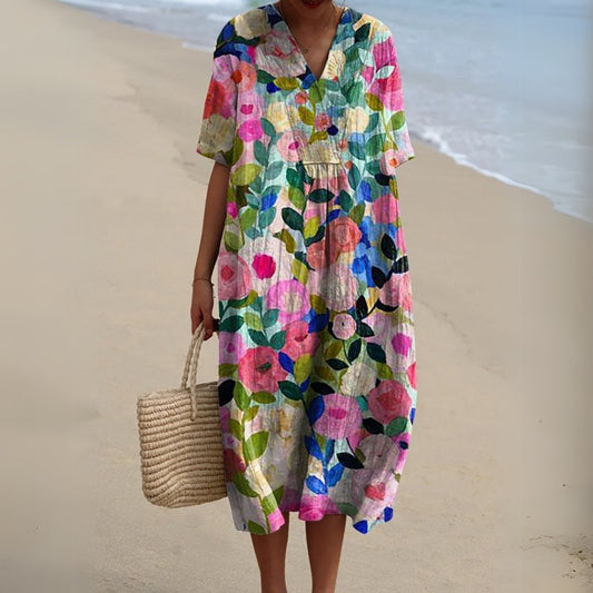 Vestido midi con diseño floral de mangas cortas y escote en V