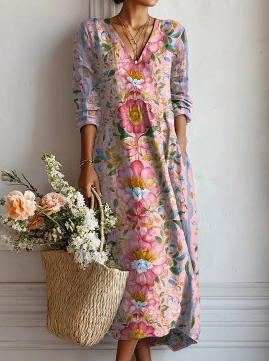 Maxi Vestido Casual con Estampado Floral y Escote en V