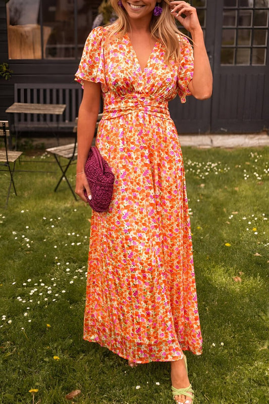 Vestido maxi de verano con escote en V y estampado de flores para mujer