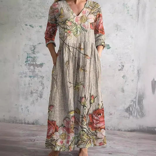 Vestido Largo Casual con Escote en V y Estampado Floral para Mujer