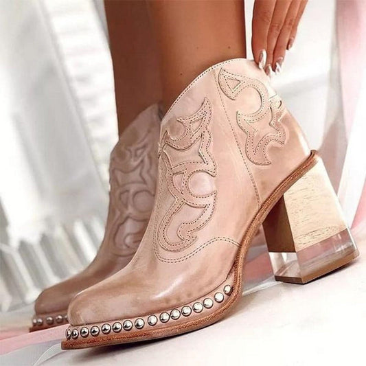 Botines estilo cowboy con bordados decorativos y tachuelas de tacón ancho para mujer