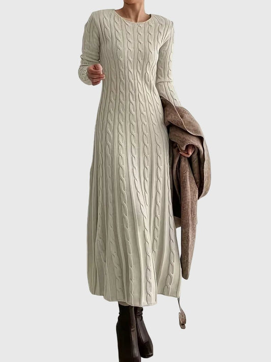Vestido Largo Tejido con Diseño Trenzado y Cuello Redondo para Mujer