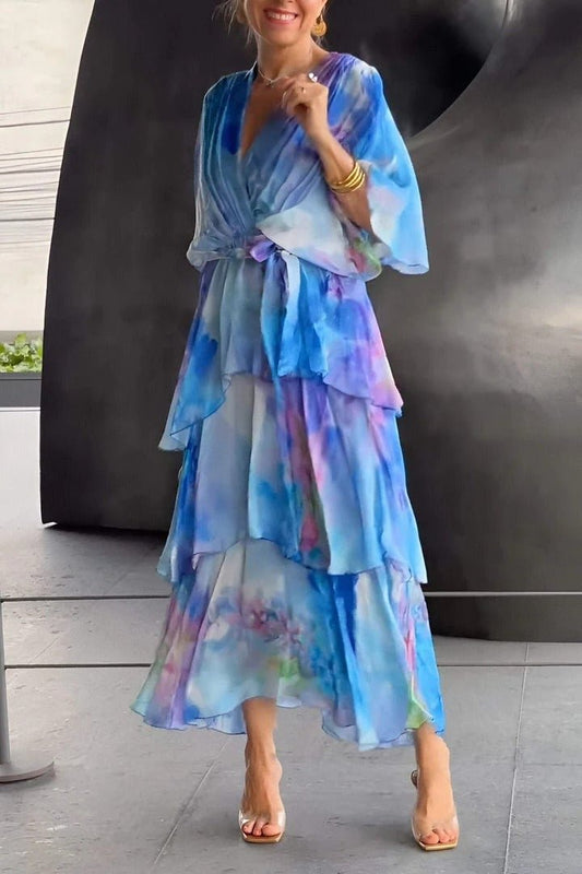 Vestido Largo Escalonado de Gasa con Diseño Floral