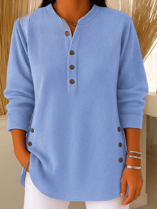 Blusa Túnica Holgada de Punto Rib con Cuello Henley y Botones Laterales
