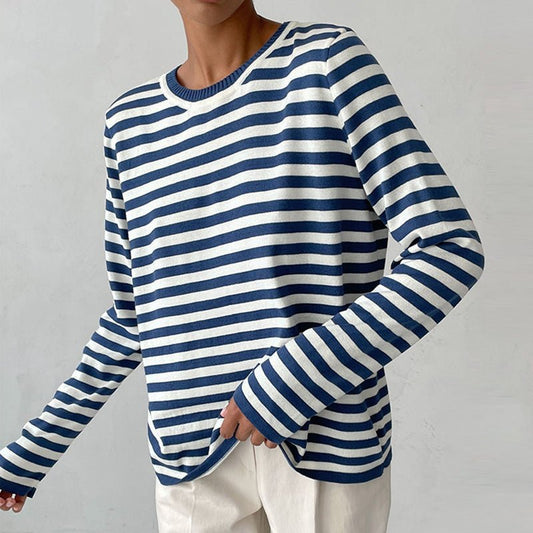 Camiseta Casual a Rayas de Manga Larga y Cuello Redondo para Mujer