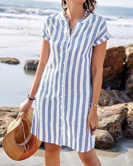 Vestido corto de lino a rayas con cuello mao y botonadura frontal para mujer