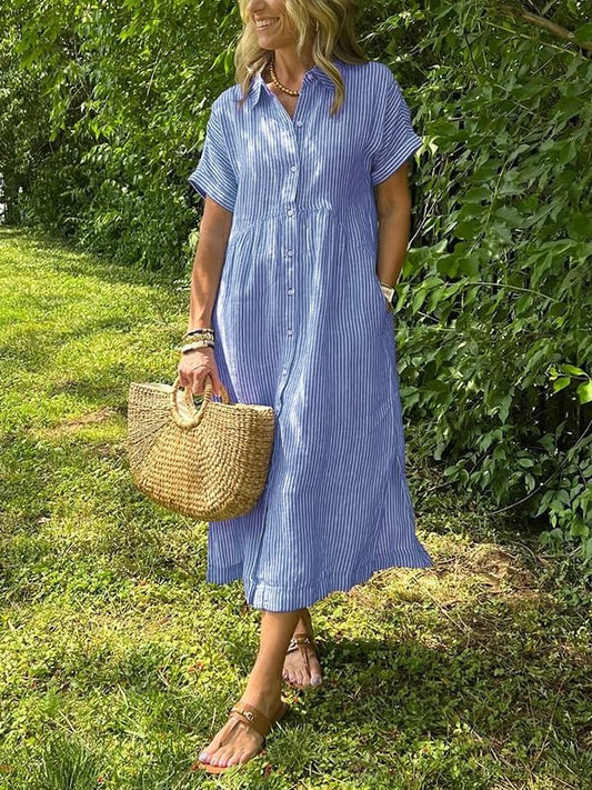 Vestido Midi Estilo Camisero a Rayas con Botonadura y Cinturón
