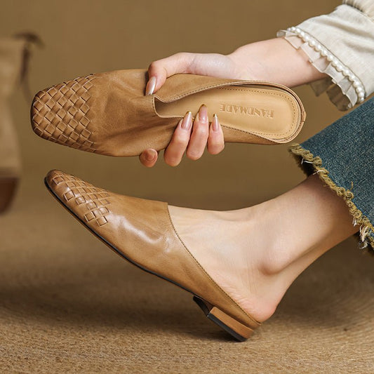 Zapatos Mule de Cuero con Textura Trenzada, Tacón Grueso Bajo y Puntera Cuadrada