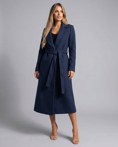 Abrigo largo estilo trench en mezcla de lana con cinturón para mujer