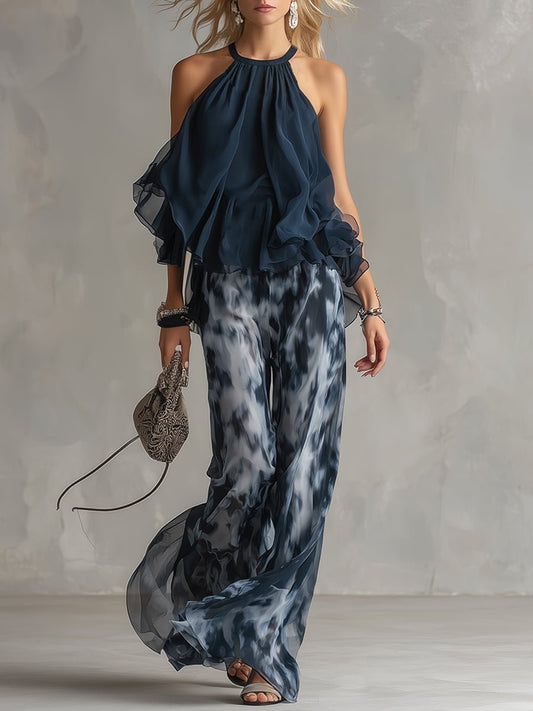 Conjunto femenino de blusa halter con volantes y pantalón amplio estampado
