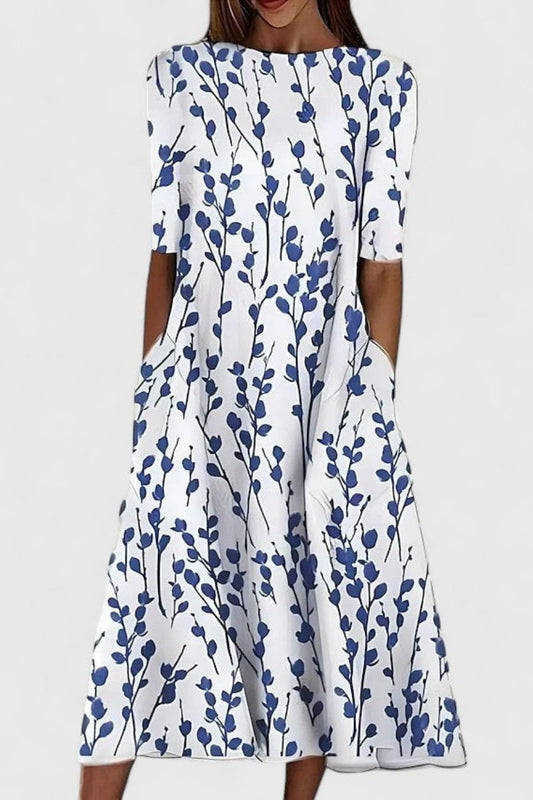 Vestido Midi Acampanado de Algodón con Manga Corta y Cuello Redondo