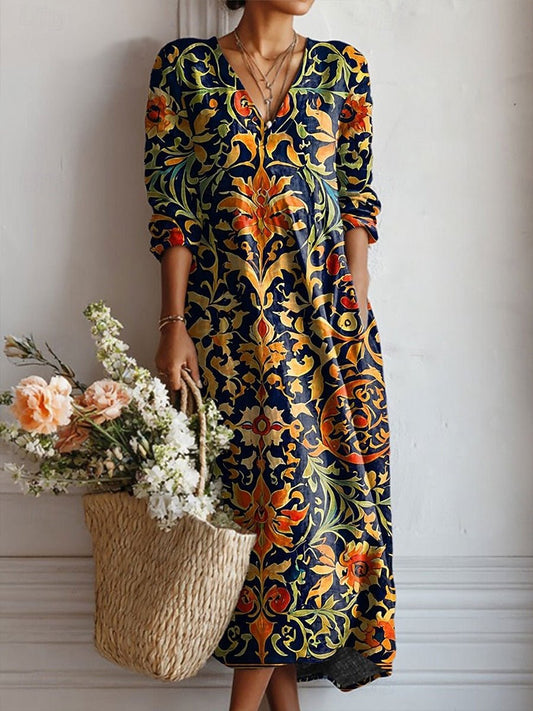 Vestido midi de algodón con cuello en V y diseño ornamental
